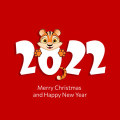 Cute Happy New Year 2022 greetings.Merry Christmas. Year of the tiger.