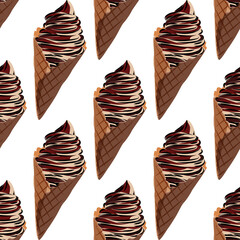 Vanilla ice cream with chocolate and berry toppings in waffle cone background. Realistic vector seamless pattern.