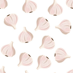 Fresh garlic background. Seamless realistic vector pattern.