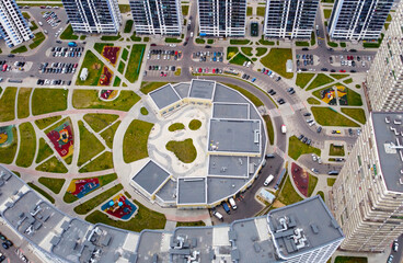 Top view of the new playgrounds and yard. Equipped territory of a residential complex with new buildings and apartments. 25 September 2021, Minsk, Belarus