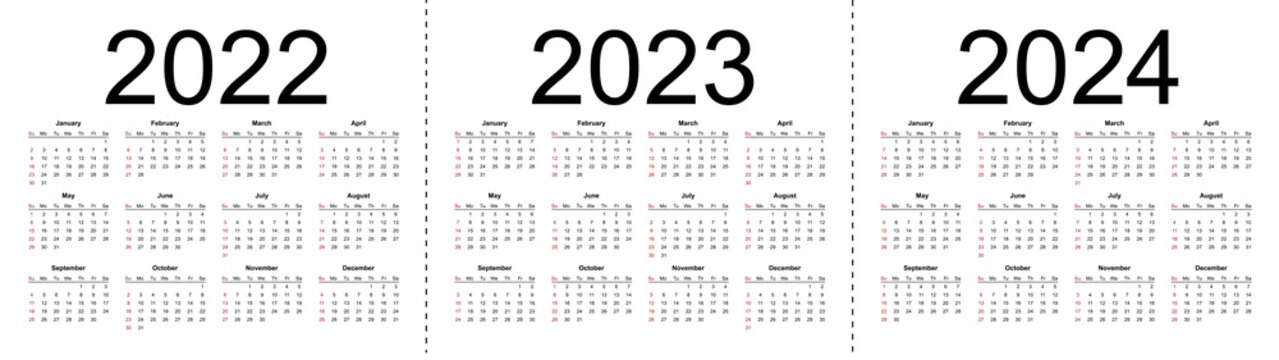 Simple editable vector calendars for year 2022 2023 2024. Week starts from Sunday. Isolated vector illustration on white background.