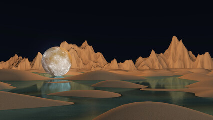 Moon 3d glowing on sand surface. 3D illustration, 3D rendering  © wichuda