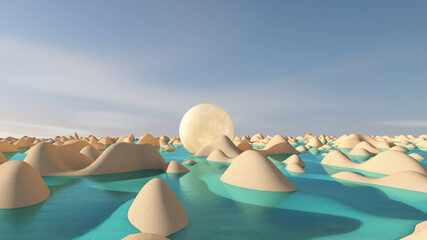 Moon 3d glowing on sand surface. 3D illustration, 3D rendering  © wichuda