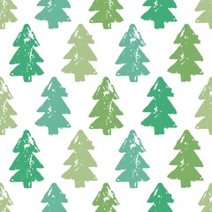 Obraz premium shabby hand drawn fir-trees on white background. seamless paint winter pattern with spruce.