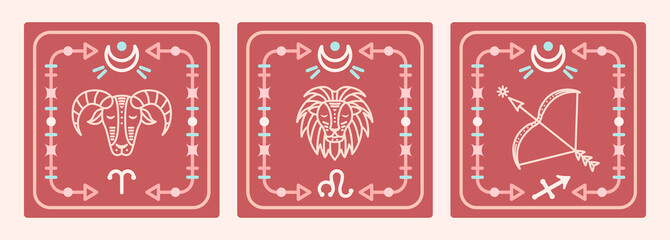 A set of vector maps with fiery zodiac signs. Astrological cards.