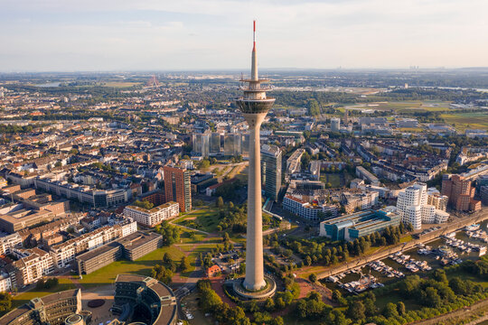Germany, North Rhine-Westphalia, Dusseldorf, Aerial view of Rhine Tower with Unterbilk and Bilk areas in background