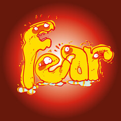 "fear" text, cartoon style funny illustration.