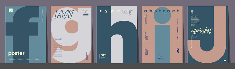 Poster layout design. Letters F,G,H,I,J. Alphabet. Template poster, banner, magazine mockup.