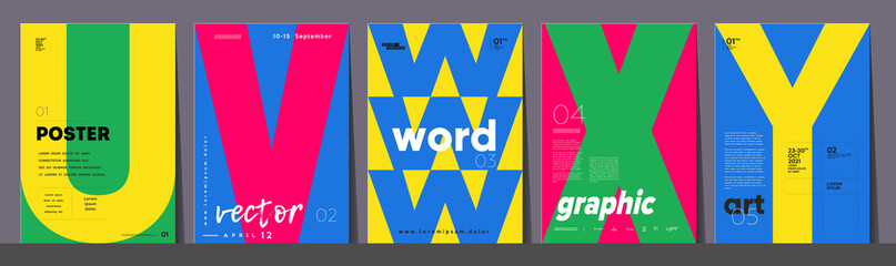 Poster layout design. Letters U,V,W,X,Y. Alphabet. Template poster, banner, magazine mockup. © Molibdenis-Studio