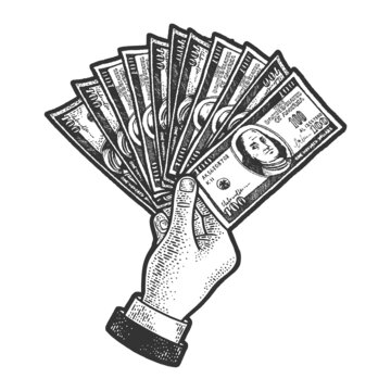 Hand with dollar money sketch raster illustration