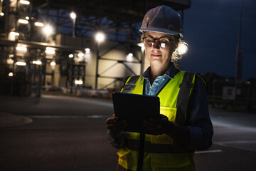 Female engineer with hardhat using digital tablet outside factory at night
