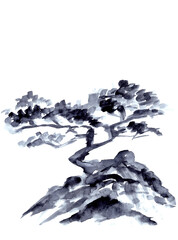 Pine tree on the rock monochrome black and white chinese style ink drawing
