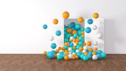 Colorful Bunch of Birthday Balloons Flying for Party in Door open Room. 3D illustration, 3D rendering