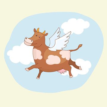 Cheerful flying cow with wings. Illustration.