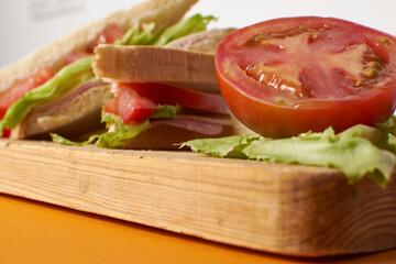 Healthy sandwich with tomato in orange background