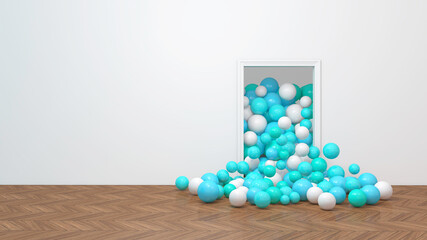 Colorful Bunch of Birthday Balloons Flying for Party in Door open Room. 3D illustration, 3D rendering	