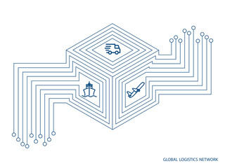 Global logistics network. Map global logistics partnership connection.  Box idea with logistics, service, delivery, distribution, transportation. Interactive illustration.  EPS10.