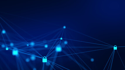 Block chain. Crypto currency. Security concept. Abstract composition with connecting dots and lines. Futuristic network. Background for business event. 3d rendering.