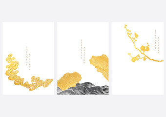 Japanese background with gold and black texture vector. Cherry blossom flower and chinese hand drawn cloud decorations in vintage style. Art landscape template design.