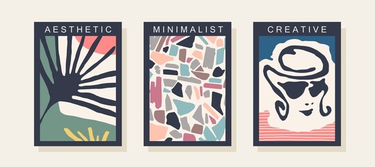 Three trendy posters in contemporary minimalistic style. Abstract illustrations inspired by Matisse graphics. Vector template