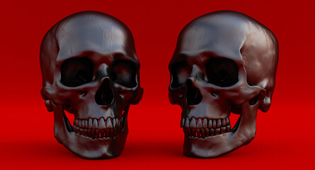3D Set of black Human skulls isolated on red background, 3d render