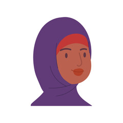 Cartoon head of a muslim woman. The face of a beautiful girl in a purple hijab and a red scarf. Arab woman illustration vector isolated on white background.