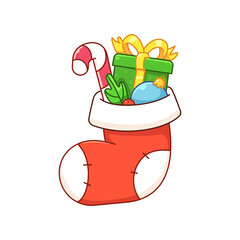 Christmas sock with gifts isolated on white background. Christmas present with candy cane, holly branch, ball and gift box. Vector cartoon style - 459876385