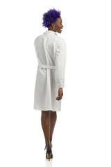African Woman In White Lab Coat And High Heels Is Walking And Looking To The Side. Rear View, Full Length, Isolated. - 459876545