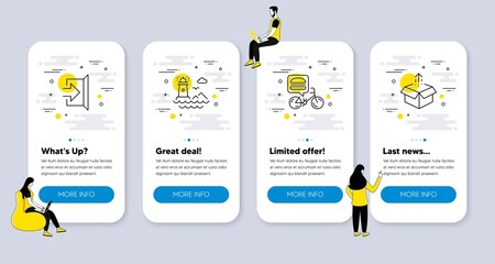 Vector Set of Transportation icons related to Food delivery, Exit and Lighthouse icons. UI phone app screens with people. Send box line symbols. Meal order, Escape, Navigation beacon. Vector