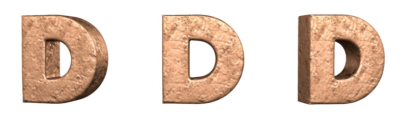 Letter D from Copper letters alphabet collection set. Isolated. 3D Rendering