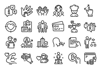 Vector set of Group, Success and Work home line icons set. Calendar report, Money wallet and Credit card tag. Hold document, Hold heart and Global business icons. Vector