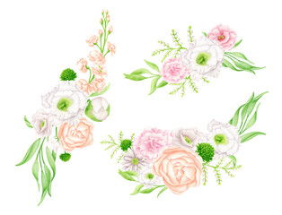 Watercolor flower arrangements set. Hand drawn floral bouquets isolated on white background. Botanical design. Elegant composition with pale blush and white flowers for wedding invitations, cards