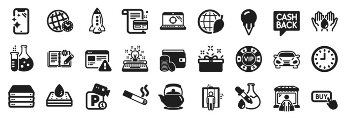 Set of Business icons, such as Chemistry experiment, Internet warning, Car icons. Clock, Chemistry flask, Present box signs. Ice cream, Parking security, Teapot. Smoking, Servers, Rocket. Vector