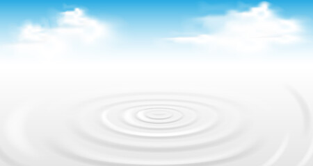 Front up view angle of water ripple from rain drop on white milk with cloudy sky background.