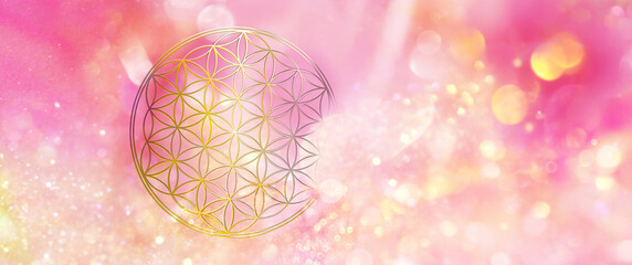 Blume des Lebens erleuchtet ein glitzerndes Feld magentafarbenen, goldenen Lichts und symbolisiert  Lebenskraft und Kreativität