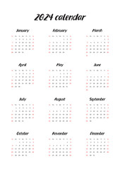 Wall calendar 2024. Blank printable vertical one-page calendar. Vector illustration 10 EPS.