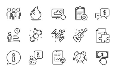 Education icons set. Included icon as Payment received, Report checklist, Guitar signs. Chemistry dna, Fire energy, Approved report symbols. Time management, Group, Recovery cloud. Vector
