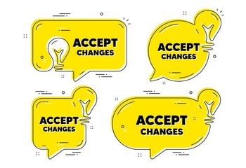 Accept changes motivation message. Idea yellow chat bubbles. Motivational slogan. Inspiration text. Accept changes chat message banners. Idea lightbulb balloons. Vector