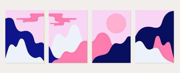 Vector illustrations set with abstract winter landscape. Colorful snowy mountains on pink sky background with full moon and clouds