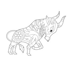 Cute ox. Doodle style, black and white background. Funny animal, coloring book pages. Hand drawn illustration in zentangle style for children and adults, tattoo.