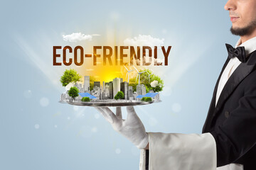 Waiter serving eco cityscape concept
