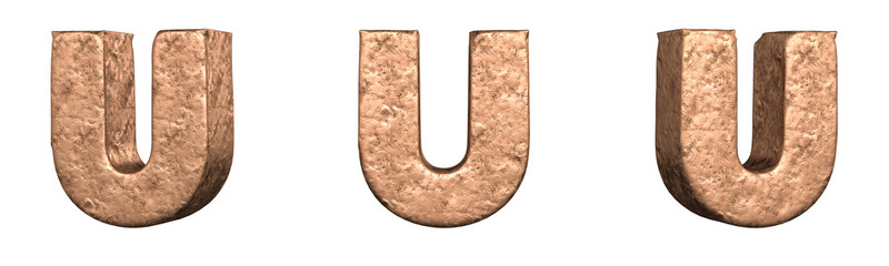 Letter U from Copper letters alphabet collection set. Isolated. 3D Rendering