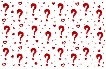Question marks with a heart from a red rose flower rose petals on a white background as a design and background with space for text concept of love spa tenderness of fragrance flowers, love question