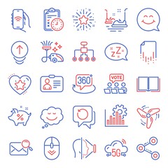 Technology icons set. Included icon as 5g cloud, Scroll down, Swipe up signs. Loan percent, Ranking star, Smile face symbols. Face id, Vacuum cleaner, Restructuring. Recovery data, Id card. Vector