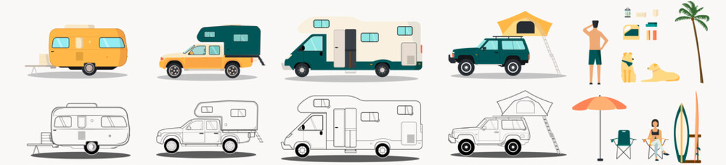 set of campers, set of cars 