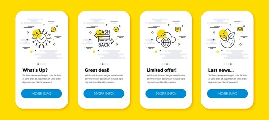 Vector set of Cloud computing, Cashback card and Security network line icons set. UI phone app screens with line icons. Organic product icon. Internet storage, Money payment, Cyber system. Vector