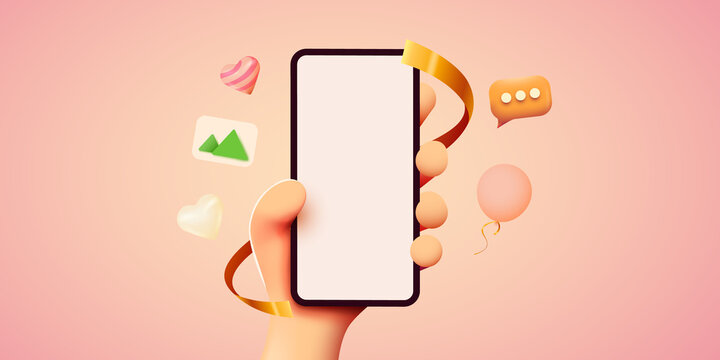 Cute 3D cartoon hand holding mobile smart phone. Modern mockup.