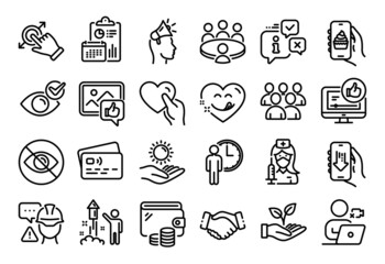 Vector set of Waiting, Builder warning and Like video line icons set. Calendar report, Money wallet and Credit card tag. Not looking, Food app and Hold heart icons. Vector
