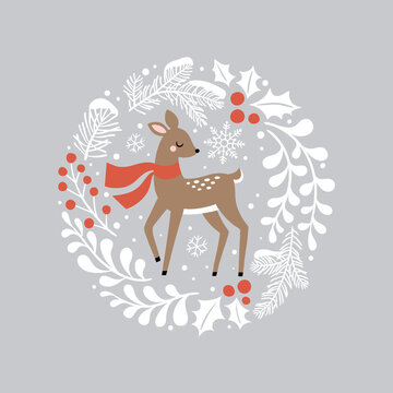 Vector Illustration Of Cute Christmas Deer In Pine And Holly Wreath. 
