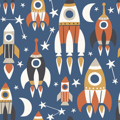 Seamless repeat vector pattern with cute vintage rockets, stars and moon. Perfect for fabric or wrapping paper.